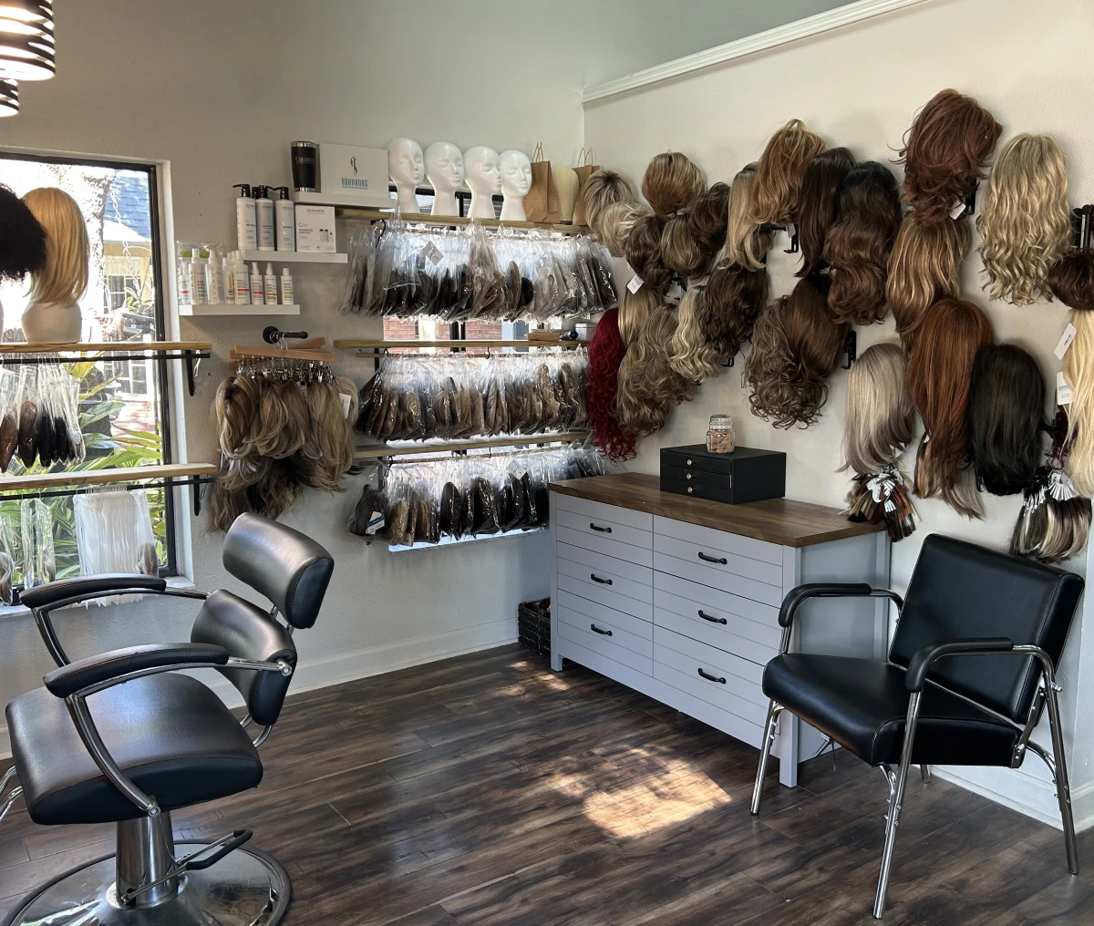 Wig salon with chairs and displays